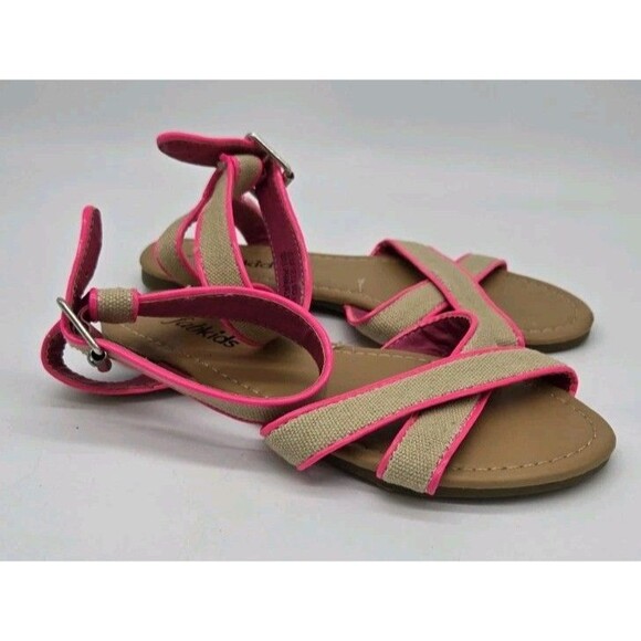 Fabkids Girls Flat Strappy Sandals Pink Beige Canvas Size 1 Ankle Strap & Buckle - Picture 2 of 10